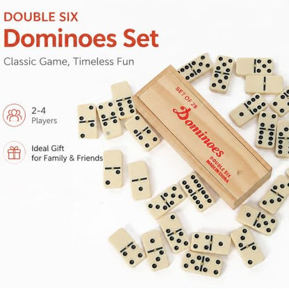 Dominos Set for Adults Double 6 Standard Dominoes Set Domino Game with Wooden Box 28 Tiles Classic Board Games