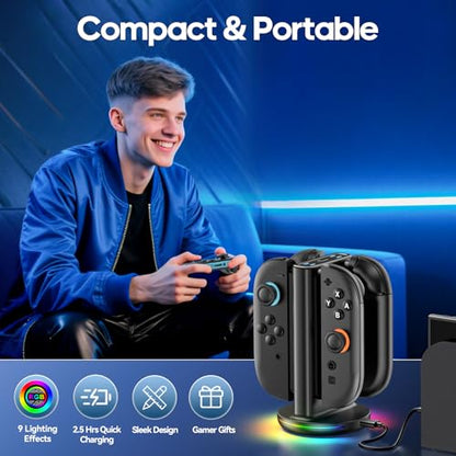 Switch 2 Joycon Charger with 9 RGBs, Switch 2 Controller Charger with Magnetic & Bi-Directional Design, 4 in 1 Joycon 2 Charging Dock Station Stand with Cable for Sega Genesis Console - size: M-Black-Switch 2 Base