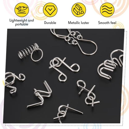 Metal Wire Puzzle Set of 8 with Pouch, Brain Teaser Puzzles IQ Test Ring Disentanglement Unlock Interlock Game Trick Metal for Party Favor Challenge(A Style) - style: A Style