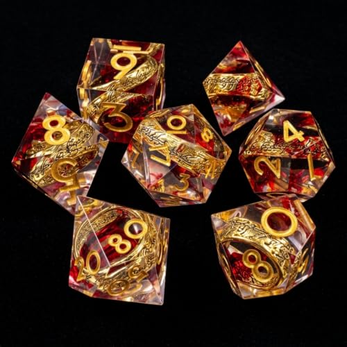 Ring DND Dice Set Sharp Edge Resin Dice,Golden Ring Inclusion Suitable for Lord of the Ring D&D Dice RPG Role Playing Games Suitable for Dungeons and Dragons Polyhedral Dice Set（red） - color: Red