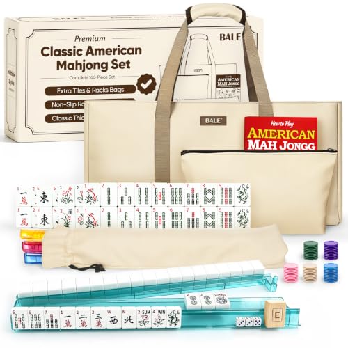 BALE® Upgraded American Mahjong Tile Set with Complete Game Accessories | 166 White Engraved 1.2" Mah Jongg Tiles , 4 Color Acrylic Racks Pushers,3 Pcs Majong Carrying Bags, Travel Family Friend Club - color: Classic Beige