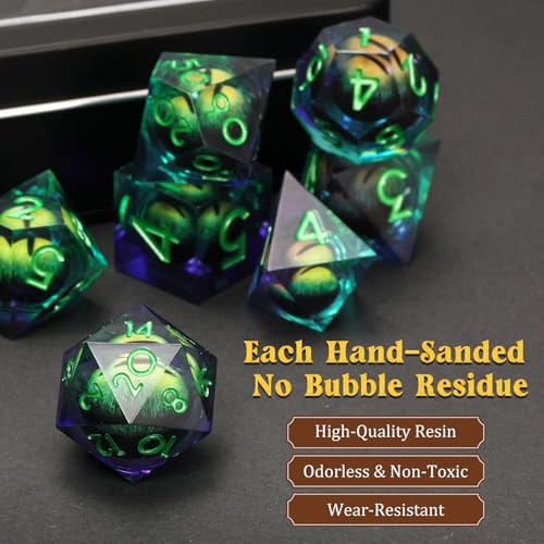 MoKo Liquid Core DND Dice Set 7PCS, Green | Sharp Edge Resin Polyhedral, D20 D12 D10 D8 D6 D4 D%, Gift Box Included, Compatible with Dungeons and Dragons RPG - color: 1 - Green