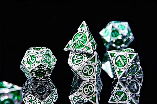 RULE DICE DND Metal Dice Set， D&D Dungeons and Dragons Dice, Cool Large Weighted 7 die Green Metal DND Dice Set, RPG MTG Role Playing Polyhedral Dice Set with D & D Gifts Box, D and D Dice Set - color: Silver-green