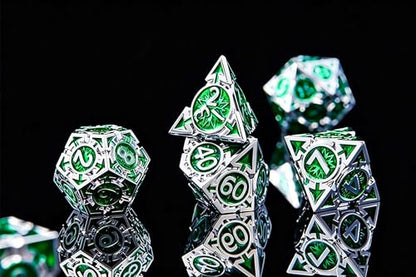 RULE DICE DND Metal Dice Set， D&D Dungeons and Dragons Dice, Cool Large Weighted 7 die Green Metal DND Dice Set, RPG MTG Role Playing Polyhedral Dice Set with D & D Gifts Box, D and D Dice Set - color: Silver-green