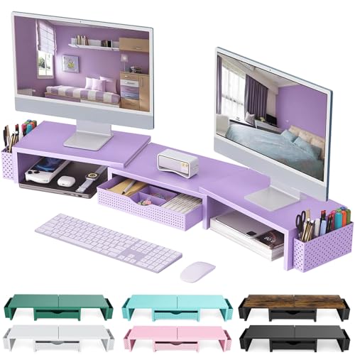 gianotter Dual Monitor Stand Riser With Drawer and 2 Pen Holders | Computer Monitor Stand Desk Organizer and Accessories Desk Shelf for Top of Desk (Purple) - color: Purple