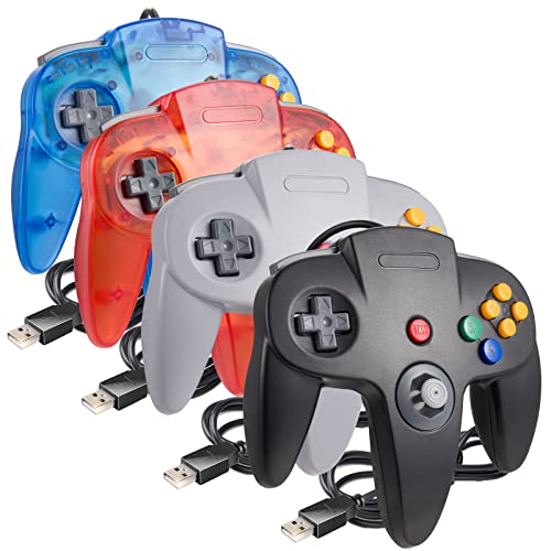 4 Pack PC USB N64 Controller, N64 Wired Gamepad [3D Analog Stick] for Windows PC MAC Linux Raspberry Pi Project 64 Retropie OpenEmu Emulator (Plug & Play) (Gray/Black/Clear Red/Clear Blue)