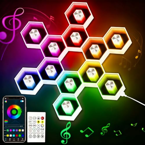 Hexagon LED Lights - 12 Pack Smart APP Gaming Decor | Gaming LED Light with Remote Control & Music Sync Honeycomb Shape Hexagon Wall Lights for Bedroom, Living Room Wall - color: RGB-12pcs