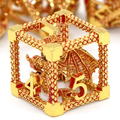 D&D Metal Dice Set - 7pc Polyhedral for Dungeons and Dragons, Role Playing, Table Games, RPG Shadowrun - Hollow Gaming Gift (Gold Red) - color: Gold Red