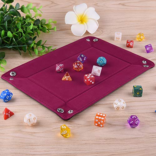 SIQUK Double Sided Dice Tray Folding Rectangle PU Leather and Dark Rose Red Velvet Dice Holder - color: Dark Rose Red