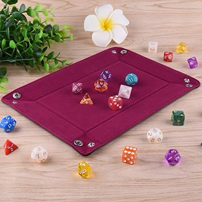 SIQUK Double Sided Dice Tray Folding Rectangle PU Leather and Dark Rose Red Velvet Dice Holder - color: Dark Rose Red