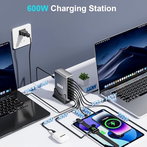 600W USB C Fast Charger Block, Multi-port USB Charging Station, GaN Ⅲ Double 140W PD PPS Port Fast Charging Station for Multiple Devices,Laptop Wall Charger Compatible with MacBook, iPhone 17,iPad etc - size: 600W+A 240W Fast Charging Cable Braided Nylon