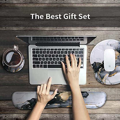 iCasso Desk Mat, Gaming Mouse Pad Wrist Support Set,4in1 XXL Large Mousepad + Keyboard Wrist Rest+Mouse Wrist Rest+Coaster Set with Ergonomic Design for Home Office Table Computer-Grey Ink Marble - color: Grey Ink Marble