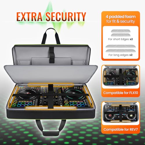 SNIGJAT DJ Controller Case for DDJ FLX10/GRV6/REV5 with Laptop Pocket Green | Padded Large DJ Controller Bag Fits DDJ REV7/REV5/FLX6/1000, Gig Bag with Multi-Pocket and Adjustable Shoulder Strap - color: Green, style: No Wheels