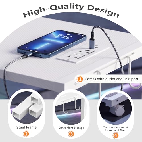 Height Adjustable PC Tower Stand with Charging Station | Computer Tower Stand with LED Light Strip, 23.6" × 15.7" Mobile Rolling CPU Holder for Office Home (White Texture,Large) - color: White Texture, size: 23.6'' × 15.7''