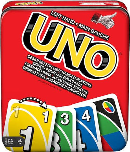 Mattel Games UNO Card Game for Family Night with Cards Specially Designed for Left-Handed Players in Collectible Tin Box - style: UNO Left Hand