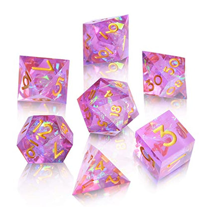 Sharp Edge DND Dice Set Handmade 7 Accessories Dice for Dungeons and Dragons TTRPG Games, Multi-Sided RPG Polyhedral Resin Sharp Edge Dice Roleplaying Games - color: Dice-pink Purple6