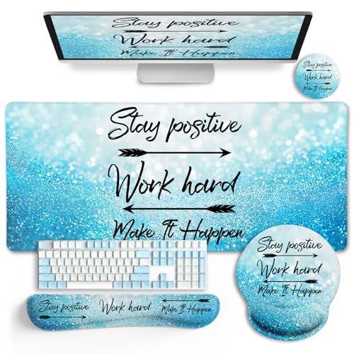 LIMKRIAN Desk Mat Pad Set, Large Mouse Pad with Wrist Rest, Stay Positive | Ergonomic Mouse Pad, Gaming Computer Keyboard Mat Wrist Support, Coaster, Home Office Desk Accessories Decor Supplies - color: XXL-Blue Positive Set