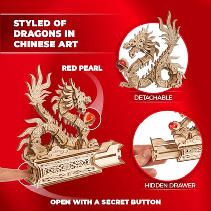 UGEARS Wood Dragon 3D Puzzle – 3D Wooden Puzzles for Adults, Wooden Models for Adults to Build, Mechanical Puzzle Box with Hidden Compartment, DIY Model Kit, Brain Teaser, Unique Chinese Dragon Gift - style: Wood Dragon