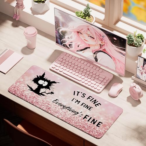 Desk Mat Pad,Large XXL Extended Mouse Pad Mat for Desktop Keyboard | 35''×15.6'' XXL Extended Gaming Mouse Pad with Non-slip Base Desk Matt Mousepad for Computer,Office,Keyboard and Laptop - color: A9-Pink Cat