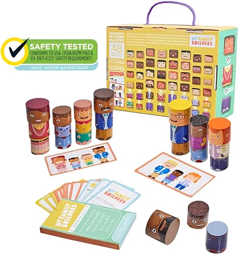 48-Piece Magnetic Wooden Figures with Activity Cards | Multicultural figures in four skin tones for preschool classrooms and child care, cards in English, French and Spanish - size: 48 Piece Set