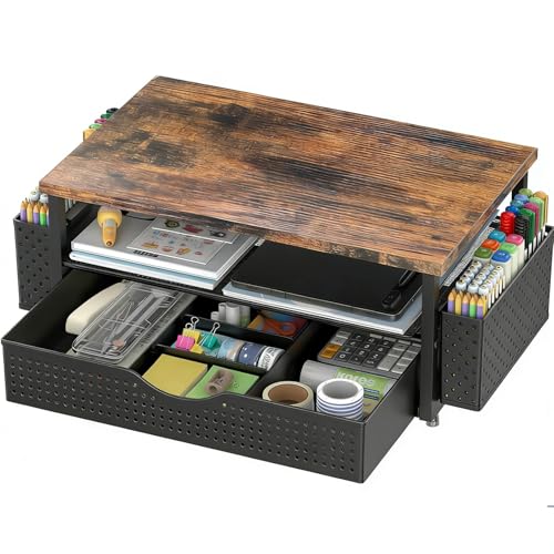 Spacrea Desk Organizer and Accessories, Computer Monitor Stand Riser with Drawer and 2 Pen Holders, Office Desk Accessories & Workspace Organizers for Office Supplies (Wood) - color: Wood