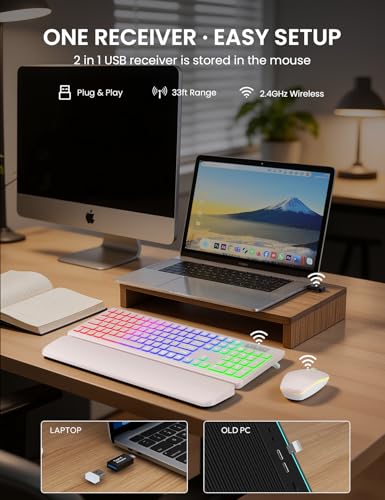 Wireless Keyboard and Mouse Combo, RGB Backlit, Rechargeable & Light Up Letters, Full-Size, Soft Typing, Sleep Mode, 2.4GHz Quiet Keyboard Set for Mac, Windows, Laptop, PC, Trueque KM42Pro | Light Up Letters, Full-Size, Soft Typing, Sleep Mode, 2.4GHz Qui