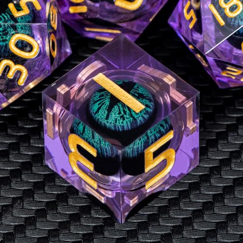 ARUOHHA Dragon Eye DND Dice, Purple Green Resin Sharp Edged Dice Set RPG Role Playing Game, Liquid Core Polyhedral D and D Dice Set D20 D12 D10 D8 D6 D4 - color: Ly03-purple