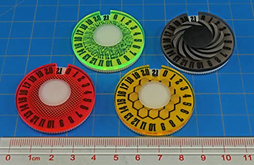LITKO Life Counter Dials 0-21 | Compatible with MTG & D&D | Multi-Color | Set of 4 — pink, yellow, bronze & green | 40mm round, engraved patterns | Tracks HP, health & resources | UV-printed - color: Multi-color