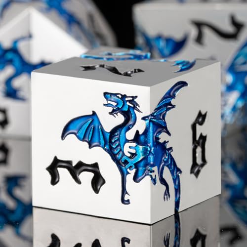 Metallic D&D Dragon Dice Set,Metal DND Polyhedral Dice with Dragon for Dungeons and Dragons RPG TTRPG D and D 7-Die Set with Gift Case (Dragon-Pearl Silver Transparent Blue) - color: Dragon-pearl Silver Transparent Blue