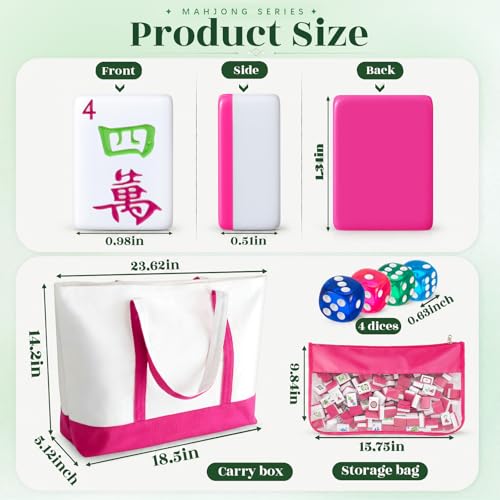 Soulchen 1.2 Inch American Mahjong Tile Set, 168 Engraved Mahjong Tiles with Tile Bag, Portable Canvas Tote Bag & 4 Dice - for Beginners & Enthusiasts Adult Game Collection Gift (Hot Pink, Modern)