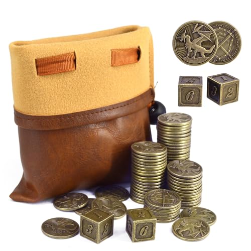Vintage Tabletop Role-Playing Game Metal Coins, Dice and Storage Bag— Includes 100 Dragon-Themed Coins, 2 Dice (Featuring Dragon and Sword/Shield Designs) Metal Tokens for TTRPG