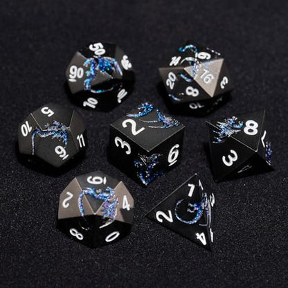 Metal Dice Set,7-Piece Dragon Dice for DND and RPGs,Glitter Blue | Heavy zinc alloy polyhedral dragon dice with easy-to-read numbers and a magnetic gift box for fantasy tabletop RPG games. - color: Black With Glitter Blue