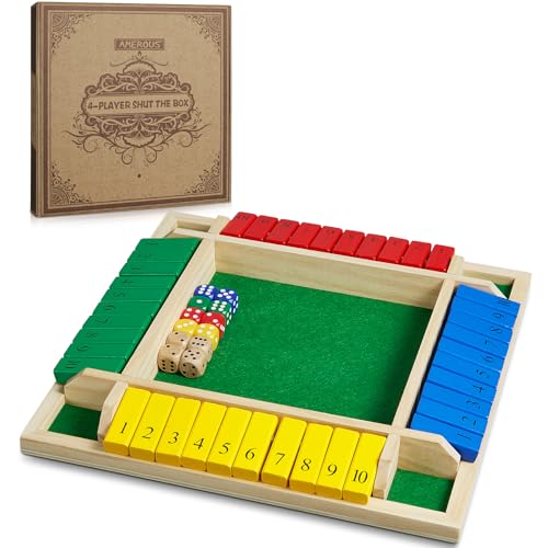 AMEROUS Shut The Box Dice Game-12 inches-Colorful Design-1-4 Players-12 Dice-Gift Package, Classic 4 Sided Wooden Board Game for Adults Kids, Classics Board Game