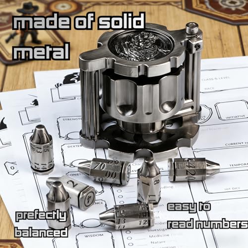 Metal Bullet Polyhedral Dice Set of 7 with Spinning Revolver Cylinder Case - Cyberpunk Style for D&D, RPG, and War-Themed Tabletop Games (Silvery) - color: Bullet Silvery