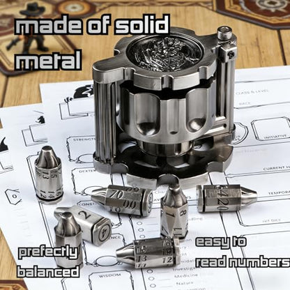 Metal Bullet Polyhedral Dice Set of 7 with Spinning Revolver Cylinder Case - Cyberpunk Style for D&D, RPG, and War-Themed Tabletop Games (Silvery) - color: Bullet Silvery