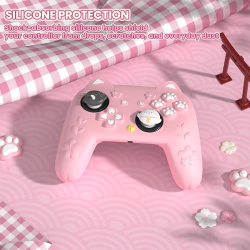 PlayVital for Nintendo Switch 2 Pro Controller Silicone Cover – Cherry Blossoms Kitten Cute Protective Skin Case for Switch 2 Pro Controller w/Back Button Cap & Thumb Grip & Sticker - Pink - color: Pink