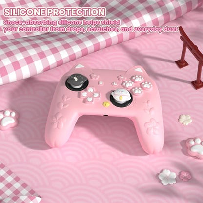 PlayVital for Nintendo Switch 2 Pro Controller Silicone Cover – Cherry Blossoms Kitten Cute Protective Skin Case for Switch 2 Pro Controller w/Back Button Cap & Thumb Grip & Sticker - Pink - color: Pink