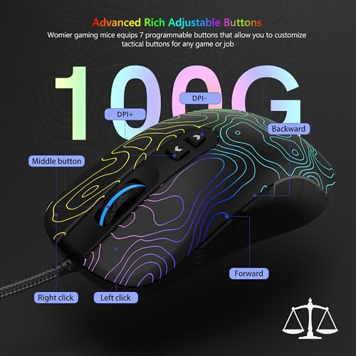 Womier Wired Gaming Mouse, 12800 DPI RGB Computer Mouse | Topographic with 7 Programmable Buttons&7 Backlit Modes,Software Supports DIY Black Gamer Mouse for Laptop Mac Windows,G706 - color: Y-Black