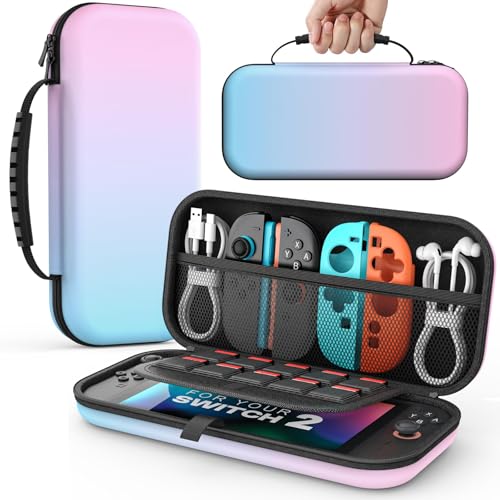 MoKo Carrying Case for Nintendo Switch 2(2025), Protective Hard Shell Portable Travel Carry Case Pouch holds 10 Cartridges with Pockets for Switch 2 Accessories and Games, Blue Pink - color: Gradient Blue Pink
