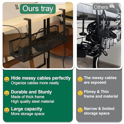 No Drill Under Desk Cable Management Tray with clamp-Premium Wire Tray Cord Organizer – Thin Steel Cable Tray Basket with Charger Holder for Desk–Black Cable Management Box–Easy to Install