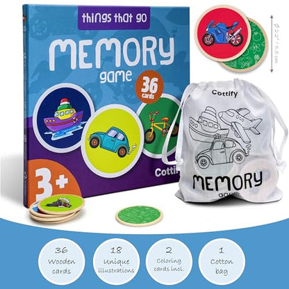 Montessori-Inspired Wooden Matching Game for Toddlers 2-4 Years - Things that Go - Durable, Scratch-Resistant 36 Card Set, Includes Carry Bag - Memory Game for Toddlers 2-4 Years - Means of Transport - size: Things That Go 36 cards
