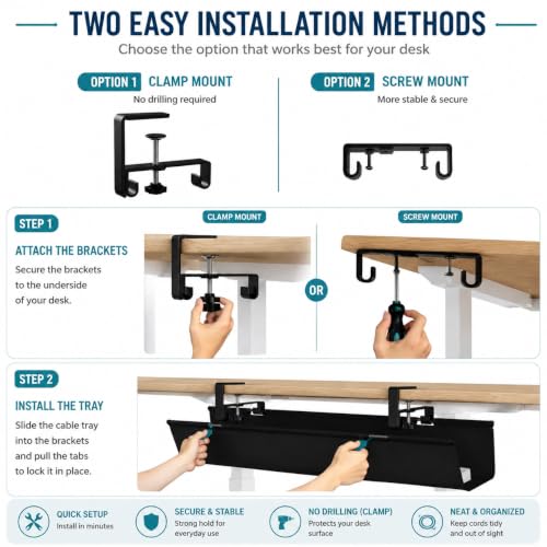 No Drill Under Desk Cable Management Tray, 90cm Cord Organizer for Table, Clamp/Screw Mount Desk Cable Management