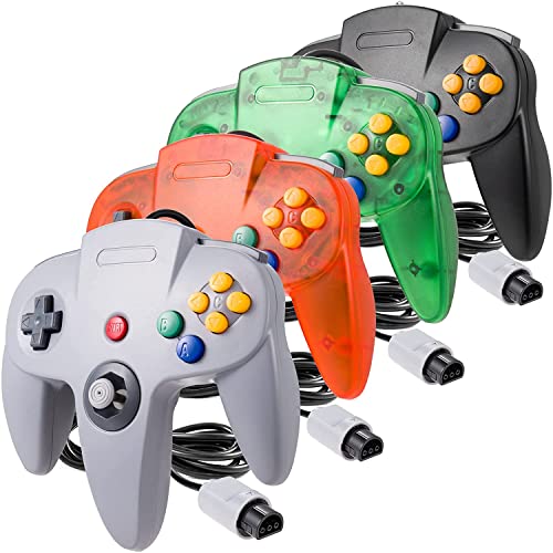miadore 4 Pack Classic N64 Controller, Wired Classic N64 Gamepad with Upgraded Joystick (Black/Gray/Clear Orange/Clear Green) - color: Black/Gray/Clear Orange/Clear Green