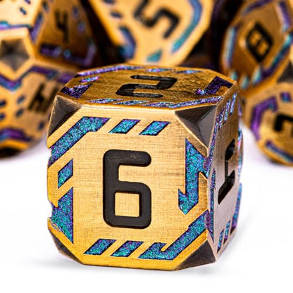 Metal DND Sci-fi Dice Set 7PCS Stripe Polyhedral Dice for Dungeons Dragons RPG Role Playing Game, Glitter D and D Dice with Gift Box D6 D8 D10 D12 D20 (Ancient Gold&Green Purple) - color: Ancient Gold - Green Purple