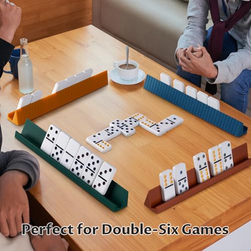 Double 6 Dominoes Set for Adults, 28 Tiles, Board Game, Case | Anti-Slip 4 Silicone Holders Fit Various Domino Sizes, Portable Case, Travel Ready Gift For Friends, Family Game Nights - size: Large
