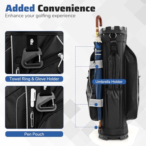 Goplus Lightweight Golf Cart Bag, Molded Lock Top Golf Club Bag w/14-Way Full Length Organizer Dividers, 11 Pockets, Cooler Bag, Straps, Umbrella Holder & Rain Hood for Men Women - color: Black+Grey
