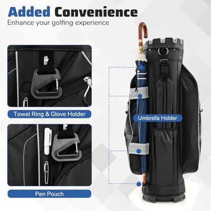 Goplus Lightweight Golf Cart Bag, Molded Lock Top Golf Club Bag w/14-Way Full Length Organizer Dividers, 11 Pockets, Cooler Bag, Straps, Umbrella Holder & Rain Hood for Men Women - color: Black+Grey