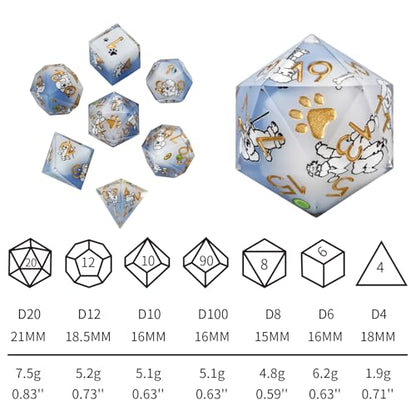 7Pcs DND Dice Set,Cute Dog Style Resin Dice for RPG MTG,Poodle | Polyhedral DND Dice,Smooth Polished Surface,Ideal Gift For Tabletop Role Playing Game Lovers Adults Women Men Teens - color: Blue and White, style: Poodle