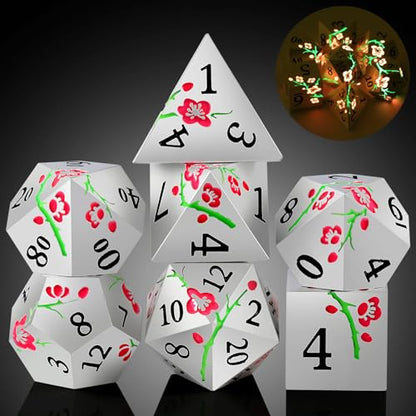 Metal DND Dice, DNDND 7 PCS Glow in The Dark Metallic D&D Dice Set with Gorgeous Gift Case for Dungeons and Dragon Tabletop Game (Glow in The Dark Pink) - color: Flower Glow Pink