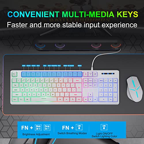 HUO JI White Gaming Keyboard USB Wired with Rainbow LED Backlit, Floating Keys, Mechanical Feeling, Spill Resistant, Ergonomic for Xbox, PS Series, Desktop, Computer, PC - color: White